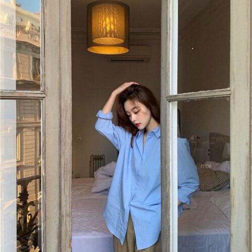 2021 Women Korean Style New Solid Blouse Long Sleeve Loose Polo-neck Blouse Plus Size Fashion Business Shirt Blue Shirts W05