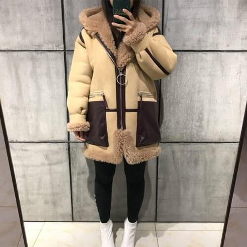 Women lamb fur ladies suede jacket hooded