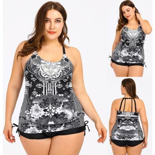 2PCS Women Boho Conservative Bikinis Beachwear Printed Ladias Tankini Bikinis Set Big Plus Size Swimsuit Swimwear купальник