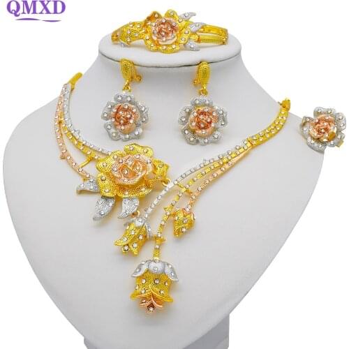 Rose Flower Design Necklace Bracelet Dubai Gold Jewelry Set for Women Wedding Party Bridal Earrings Ring Jewelry