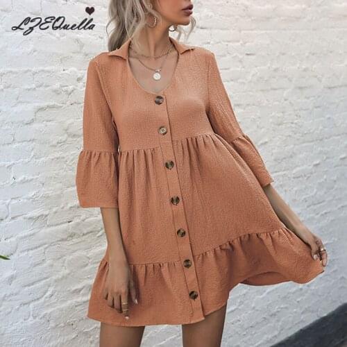 LZEQuella Flare Sleeve Button Front Solid Ruffles Dress Women 2021 Spring High Waist Flared Short Elegant Shirt Dresses NZ3431