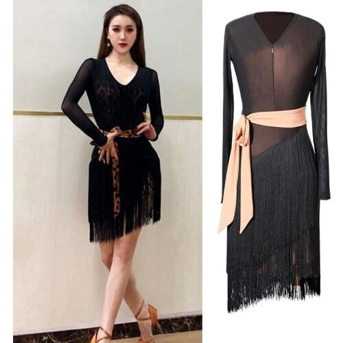 Long-Sleeved Latin Dance Practice Dress Female Double-Layer Mesh Fringed Dress Adult Professional Latin Dance Dresses DQS7825