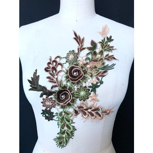 3D Three-dimensional embroidery flower brown-green lace applique trim patches 35*21cm for dress DIY accessories
