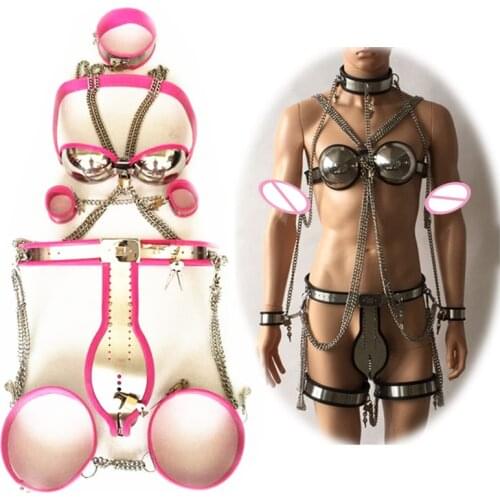 5in1 Stainless Steel Chastity Belts/Collar/Thigh Rings Female Underpants,Restraints Kits Chastity Bra Adult Toys for Women G7-48
