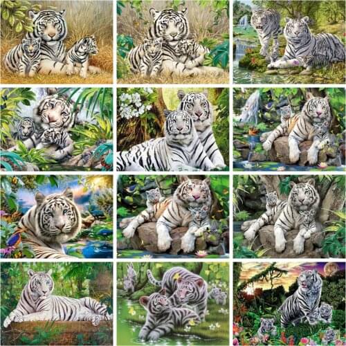 Huacan 5D Diamond Painting Animal White Tiger Cross Stitch Crystal Diamond Embroidery Jungle Mosaic Handmade Gift