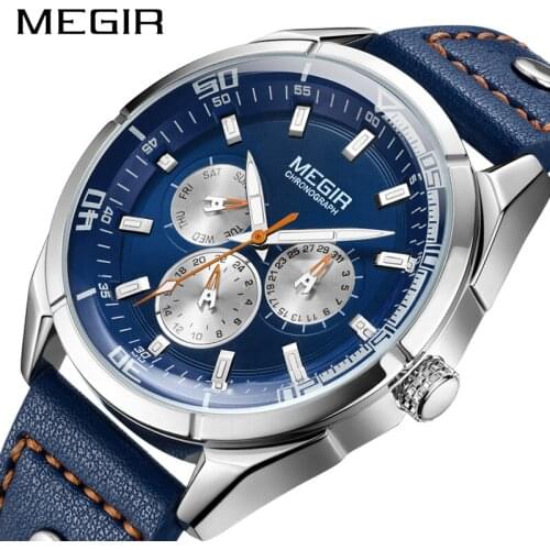 MEGIR Men Watch Top Luxury Brand Calendar Week Mens Watches Military Sport Army Leather Strap Classic Quartz Male Clock Box 2072