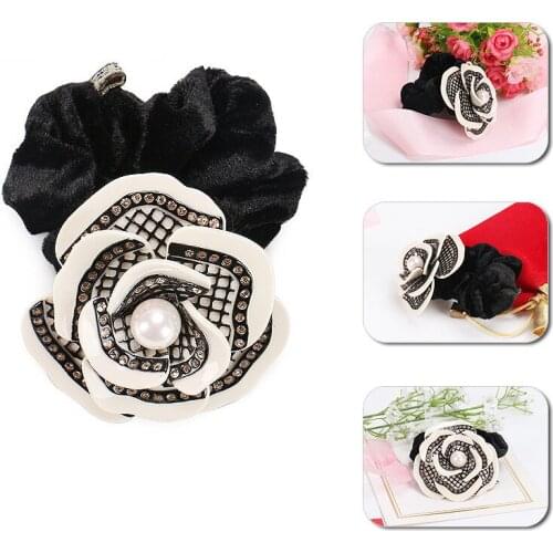 Alexander Classic Camellia Elastic Hair Band Scrunchies with Pearl and Rhinestone Ponytail Holders for Thick Hair Rope