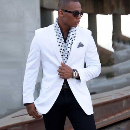 White Men Prom Suits with Black Pants for Wedding Male Blazer 2 Piece Slim Fit Groom Tuxedo Notched Lapel Custom Fashion Costume