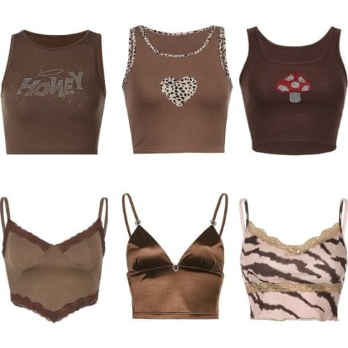 2021 Summer Brown Crop Top Y2K Aesthetic Leopard Sexy Cute Mini Vest E-girl Vintage Sleevless Halter Camis 90s Women Streetwear