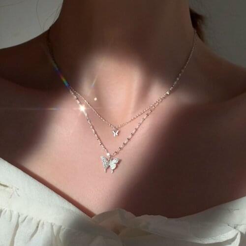 Multi-Layer Link Chain Flash Drilling Butterfly Charm Pendant Choker Necklace for Women Girls Statement Jewelry for Girlfriend