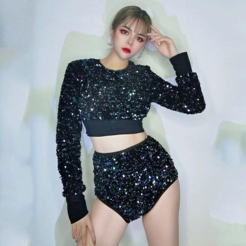 New Shiny Sequin Black Long Sleeve Tops Shorts For DJ DS Nightclub Festival Party Stage Clothes Pole Gogo Dance Costumes DWY5265