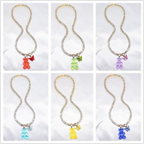 Colorful Jelly Teddy Bear&Butterfly Charm Rhinestone Necklace Hip Hop Gummy Pendant Crystal Accessories Chain Necklace Jewelry
