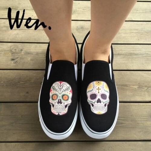 Wen Outdoors Sports Black White Colors Slip On Shoes Original Design Mexican Colorful Flowers Tattoo Skulls Canvas Sneakers