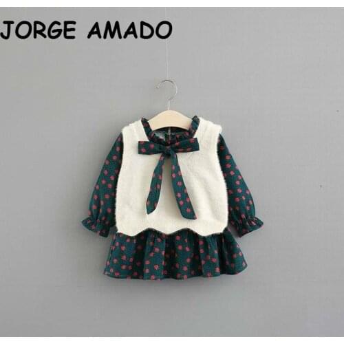Girls Dress Kids Dresses for Girls 2020 Autumn Floral Long Sleeve Dress+Plush vest Girl Two-piece Set Kid Clothes E83128