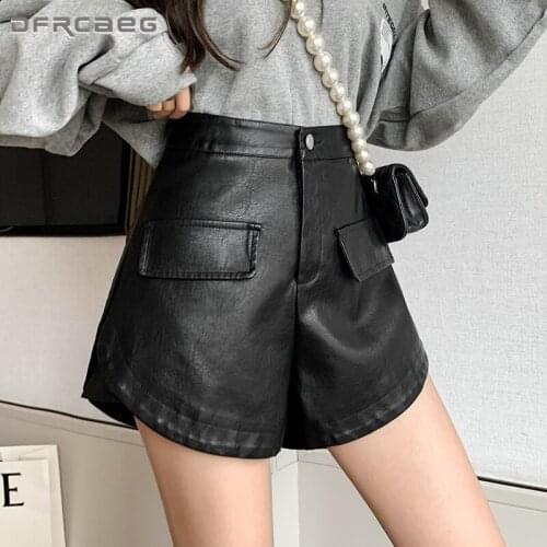 Khaki Casual Faux Leather Women Shorts 2021 Korean Fashion High Waist Washed Ladies PU Boots Shorts