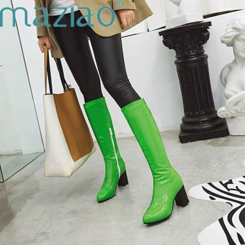 Sexy Party Shoes Woman Knee-High Boots Girls Fancy Dress High-Heel Women Boots Bright Patent Leather Long Boots Green MAZIAO