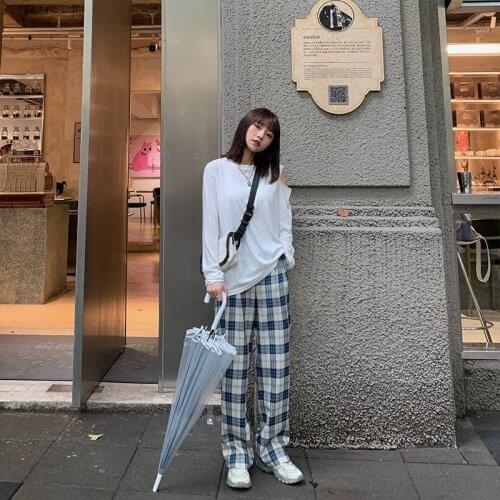 Ins Retro Teens Straight Trousers Hip-hop Plaid Pants Harajuku Retro Loose Wide Leg Pants Women Casual Korean Fashion Pants