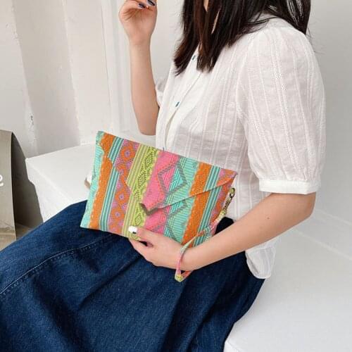 Retro Soft Canvas Bag Shopping Bag Foldable Ethnic Style Women Canvas Printing Envelope Wristlet Bag Handbags Day Clutches
