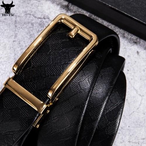 Luxury Black Genuine Leather Mens Belts Gold Hollow Automatic Buckles Ratchet Waistband Strap for Men Jeans Dress Formal Casual