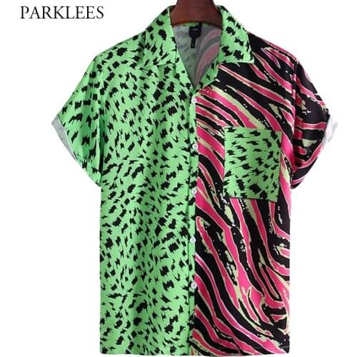 Wild Leopard Printed Summer Shirts for Men Fashion Hip Hop Mens Short Sleeve Shirt Casual Patchwork Chemise Homme with Pocket