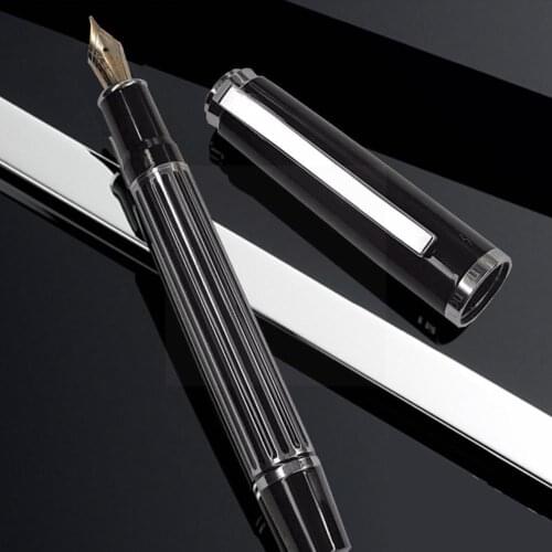 Fountain Pen Black Stripe Lacquer Barrel Silver Trim Office Nib Steel For Writing Ink 0.5mm Signature Metal Pen School S1O2