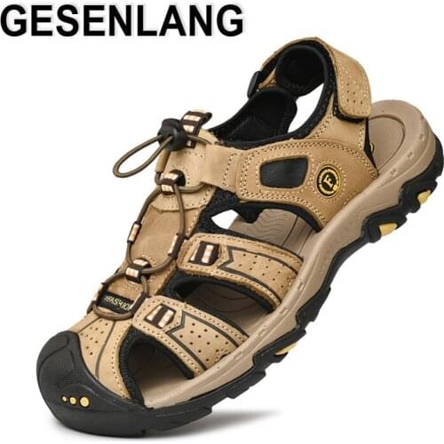 Mens Outdoor Hiking Sandals Big Size Closed Toe Genuine Leather Male Beach Shoes Breathable Nonslip Walking Fisherman Shoes New