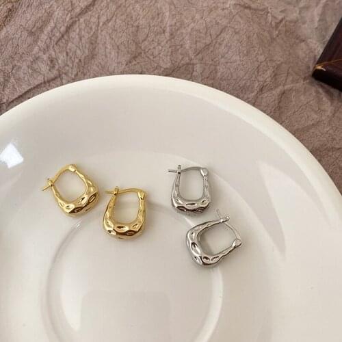 SRCOI Vintage Irregular Texture U-Shaped Earring Geometric Simple Metal Small Hoop Earring Women Temperament Daily Jewelry