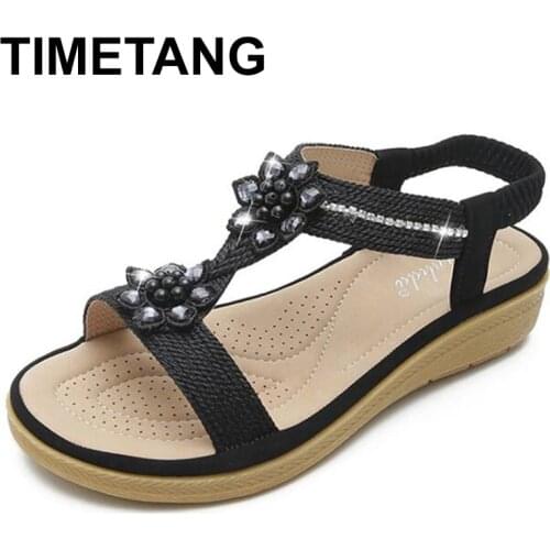 TIMETANG Summer Women Shoes Ladies Sandals Bohemian Flat Sandals Rhinestone Flower Comfort Female Footwear Sandalias de mujer