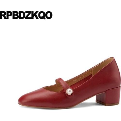 Pumps Low Heels Bridal Shoes Mary Jane Ladies Genuine Leather Square Toe Wine Red Pearl Ivory Girls Bridesmaid Block Trending