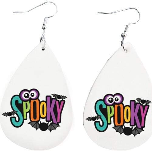 Stock Boo Halloween Hat Happy Fall Theme Earrings- Faux Leather Teardrop Earrings Double Print Wholesale New