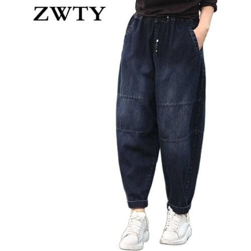 ZWTY Spring Autumn New Women Elastic Waist Loose Geans All-Matched Casual Cotton Denim Harem Pants Plus Size Vintage Geans
