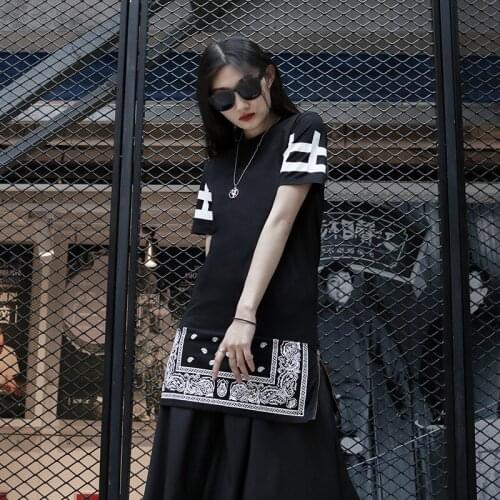 Ladies summer new medium and long slim round collar personality hip hop street large size short sleeve T-shirt