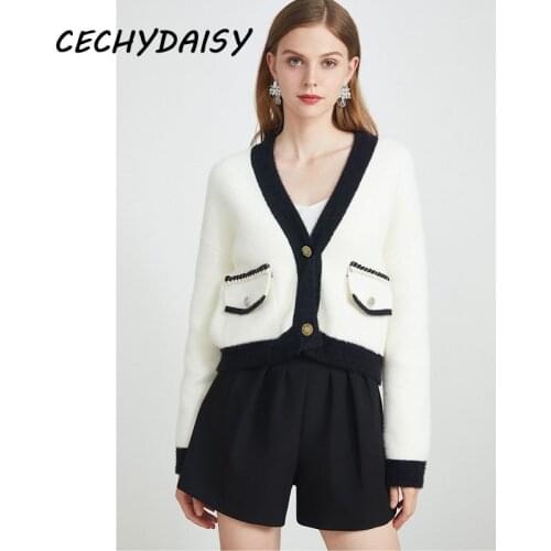 Women Autumn Winter Clothes Sweater Cardigans Sexy V-Neck Button Up High Street Casual Elegant Vintage Knit Short Outwear Swetry