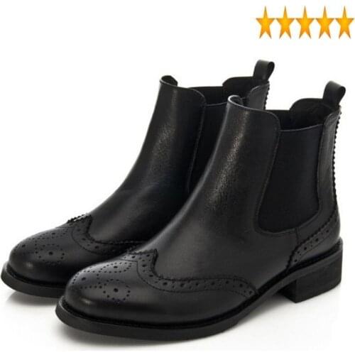 Women High Quality Chelsea Leather Motorcycle Slip On Brogue Shoes Block Heels Vintage Wing Tip Winter Ladies Ankle Boots