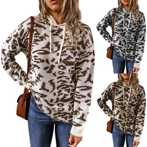 Women Long Sleeve Knitted Vintage Leopard Animal Printed Drawstring Sweatshirt Casual Loose Jumper Sweater