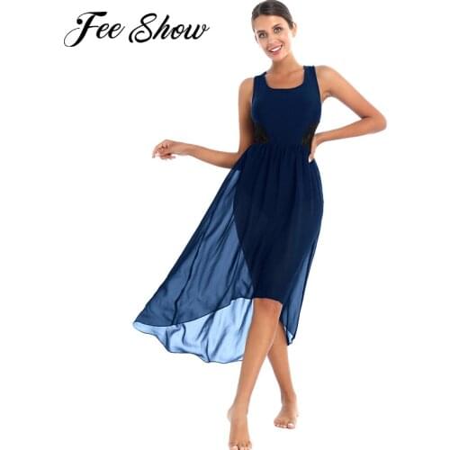Women Lace Patchwork Chiffon Ballet Leotards Tutu Lyrical Dance Dress Scoop Neck Sleeveless Asymmetric Hemline Ruffle Tutu Dress