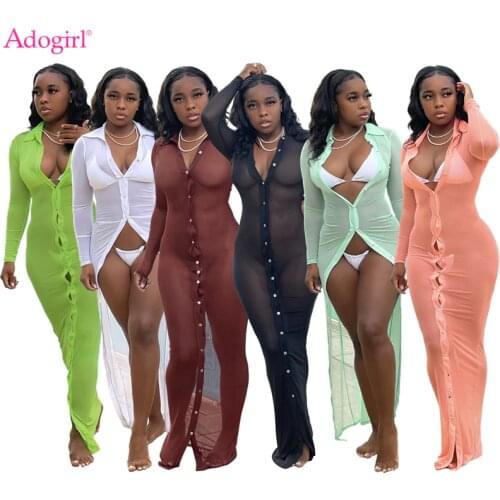 Adogirl Sheer Mesh Maxi Shirt Dress for Women 2021 Autumn Button Up Turn Down Collar Long Sleeve Bikini Swimwear Smock Sundress