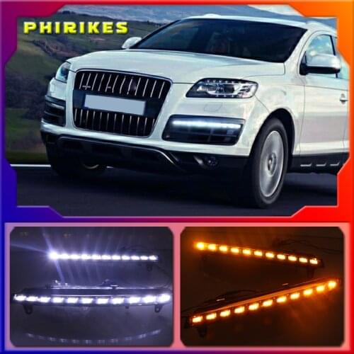 2PCS For Audi Q7 2010 - 2015 Dynamic Yellow Turn Signal Function Car DRL Waterproof 12V LED Daytime Running Light Fog Lamp Bulb
