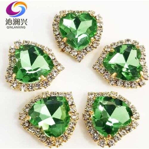 Free shipping Gold bottom Light green heart shape Crystal glass buckle,sew on rhinestones for Diy/jewelry accessories SWHK15