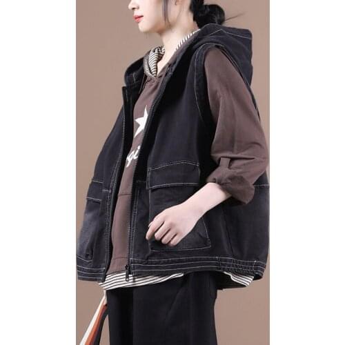 Black Denim Waistcoat Women New Autumn Clothing 2020 Female Simple Big Pockets Loose Hooded Washed vintage Vest Jacket k1249