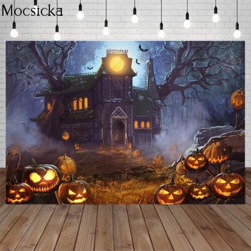 Halloween Photography Backdrop Haunted House Glowing Pumpkin Lantern Child Birthday Portrait Background Decoration Photo Studio