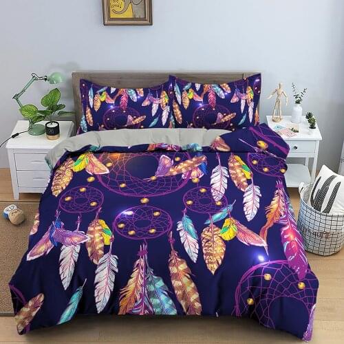 Colorful Feather Printed Duvet Cover Bedding Set Quilt Cover with Pillow Case Dream Catcher Comforter Set for Adult Kids Couple