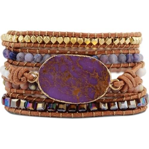 Fashion Natural New Women Boho Bracelets crystal stone Leather Strap Woven Wrap Beads Bracelets