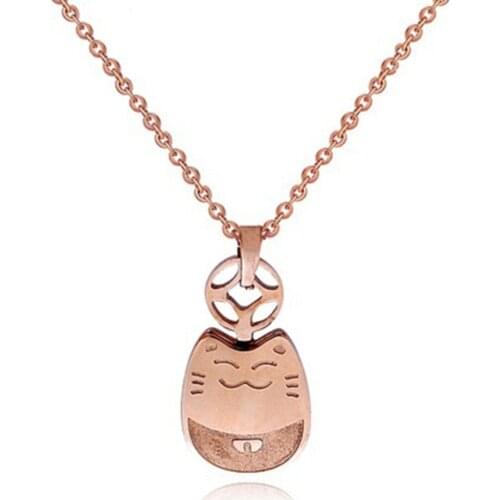 YUN RUO New Arrival Rose Gold Color Fashion Lucky Fortune Cat Pendant Necklace Titanium Steel Jewelry Woman Birthday Never Fade