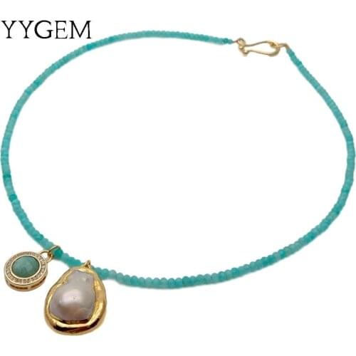 YYGEM Natural Peruvian Amazonite Faceted choker Necklace White Keshi Pearl Amazonite Charm pendant necklace 17.5" office style