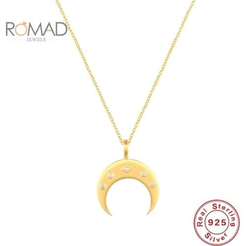 ROMAD Real 925 Sterling Silver Necklace Pendant Chain Joyero 18K Crescent Diamond Necklace For Women Inlaid Jewelry