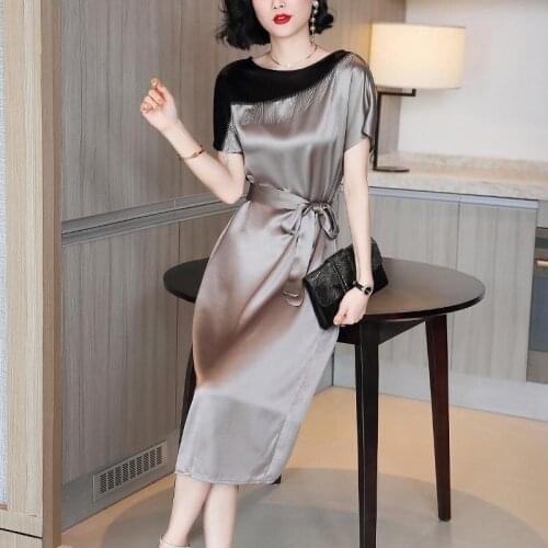 Silk acetate satin stitching female dress new womens summer dress temperament waist belt office ladies over the knee mid-length