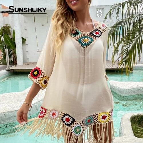 Sunshliky 2021 White Chiffon Knitted Crochet Beach Dress Translucent Summer Midi Dress Hollow Print Robe Casual Beachwear Dress