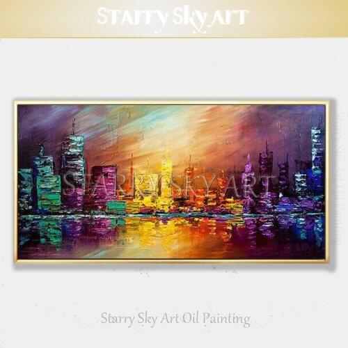 Thick Textured Knife Painting Artist Hand-painted High Quality Abstract Colorful City Skyscrapers Oil Painting for Wall Decor