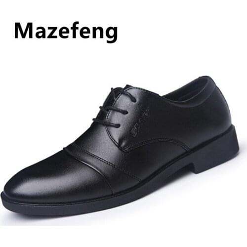 Mazefeng Men Leather Shoes Man Business Dress Classic Style Flats Brown Black Lace Up Pointed Toe Shoe for Men Oxford Shoes Men